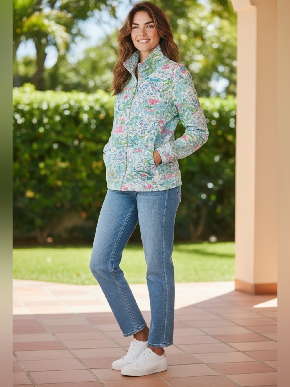 Lilly Pulitzer Blue Pink Betsy Full Zip Jacket UPF 50+ “What a Lovely Place”